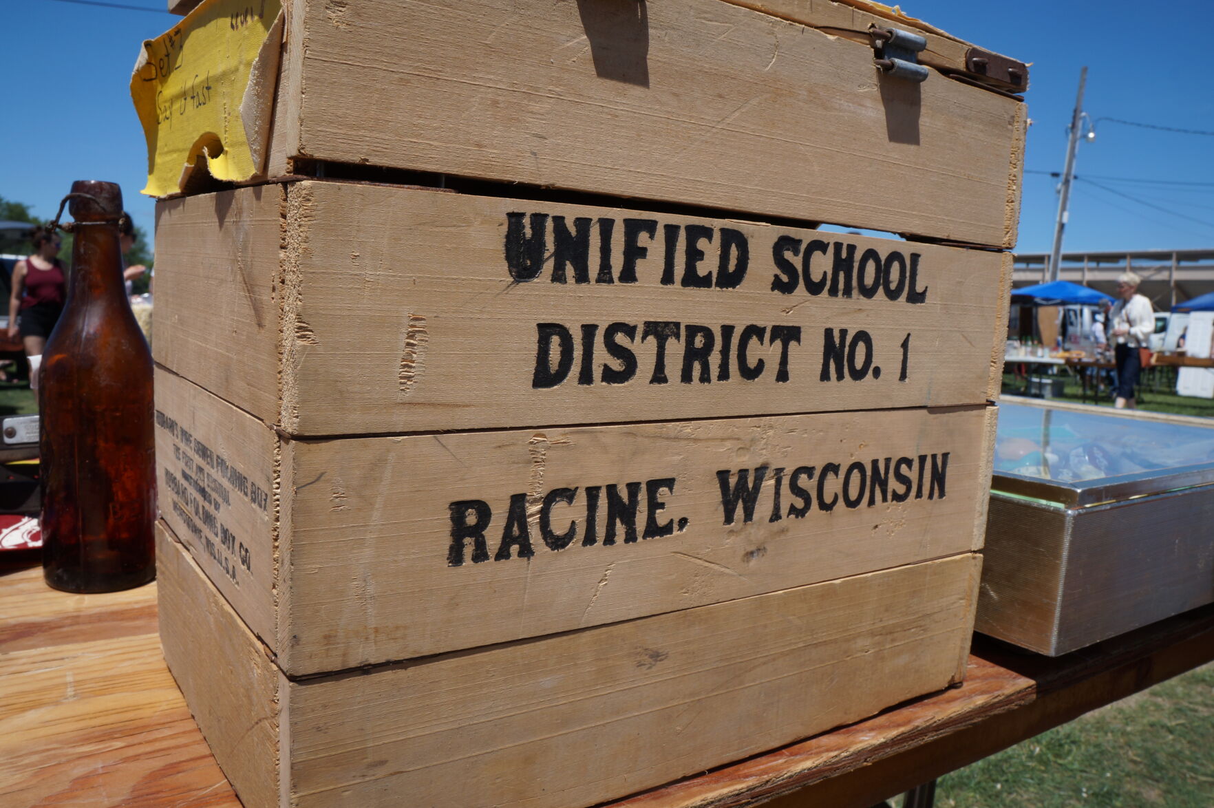 Racine Unified School District wood crate at the Elkhorn Antique Flea Market